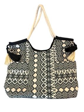 Boho Black & Cream Off White Woven Tote Bag Neutral Large Overnight Beach